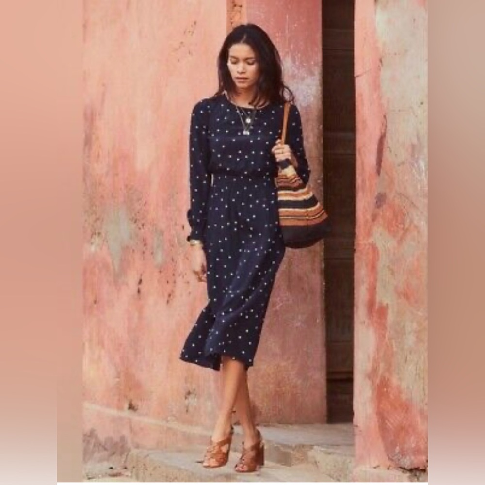 Sezane Julia Silk Polka Dot Midi Dress in Navy Sz:34/US2